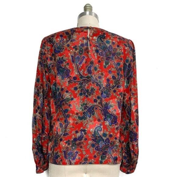 VINTAGE 80s/90s  {Nicola} Red Paisley Sateen Feminine Secretary Blouse Medium - Picture 2 of 5